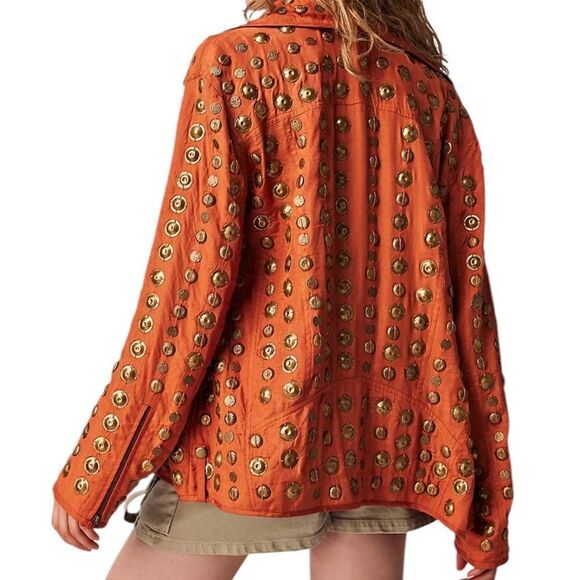 NWOT FREE PEOPLE Chelsea Coin Moto Jacket Orange/Gold Size XS - Picture 1 of 13
